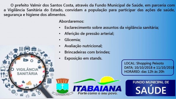 VIGILÂNCIA SANITÁRIA IRÁ REALIZAR AÇÕES EM PROL DA SAÚDE DA POPULAÇÃO ITABAIANENSE