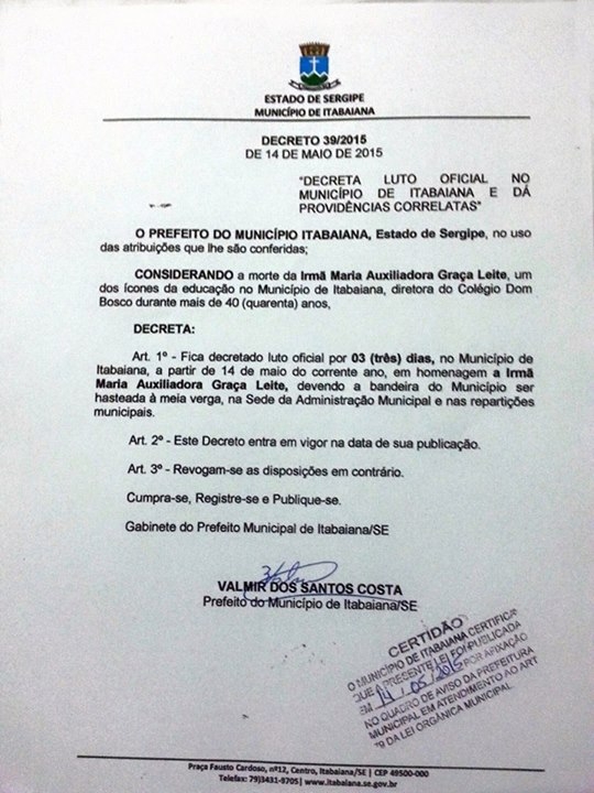 Prefeito Decreta Luto de Três Dias pela Morte de Irmã Auxiliadora
