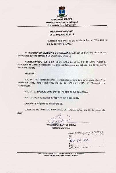 Decreto antecipa feira-livre do dia 13 de Junho de 2015