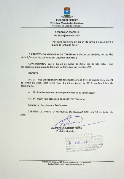 Decreto antecipa feira do dia 24 de Junho de 2015
