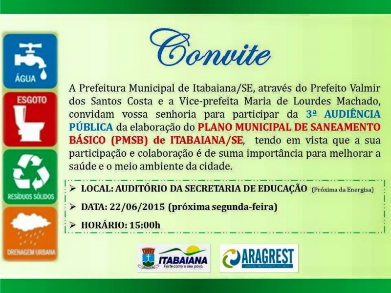 Convite 3° Audiência Pública para elaboração do PLANO MUNICIPAL DE SANEAMENTO BÁSICO (PMSB) de Itabaiana/Se