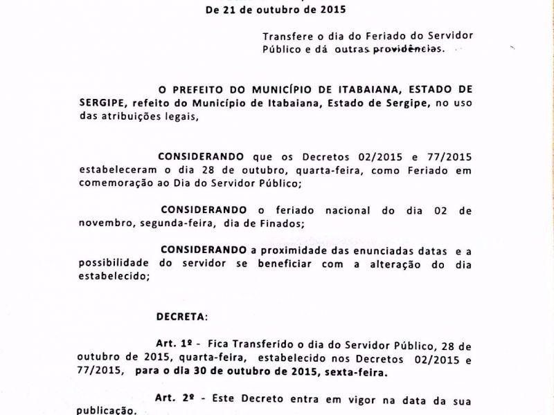 Prefeitura Transfere Feriado do dia do Servidor Público