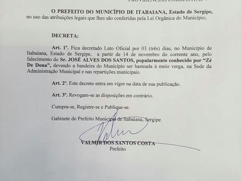 Prefeitura de Itabaiana decreta luto oficial pela morte de José Alves dos Santos