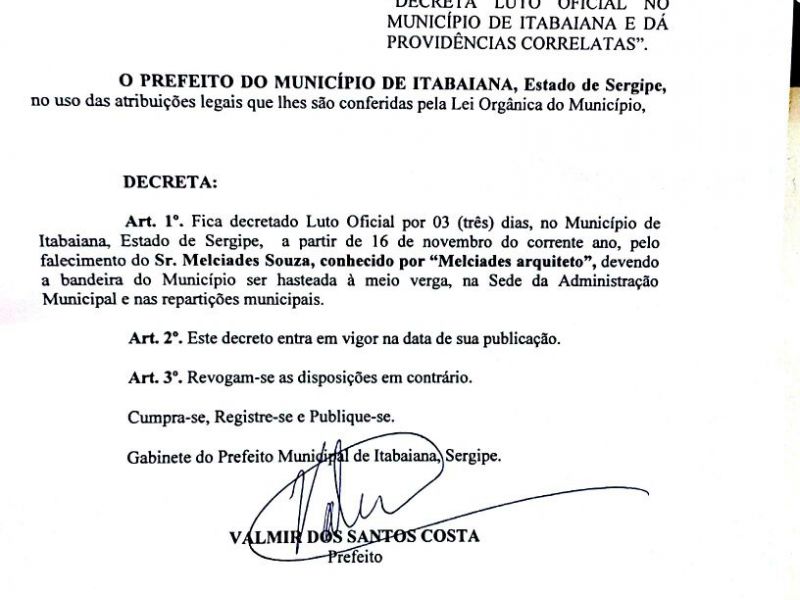 Prefeitura de Itabaiana decreta luto oficial pela morte de Melcialdes Arquiteto