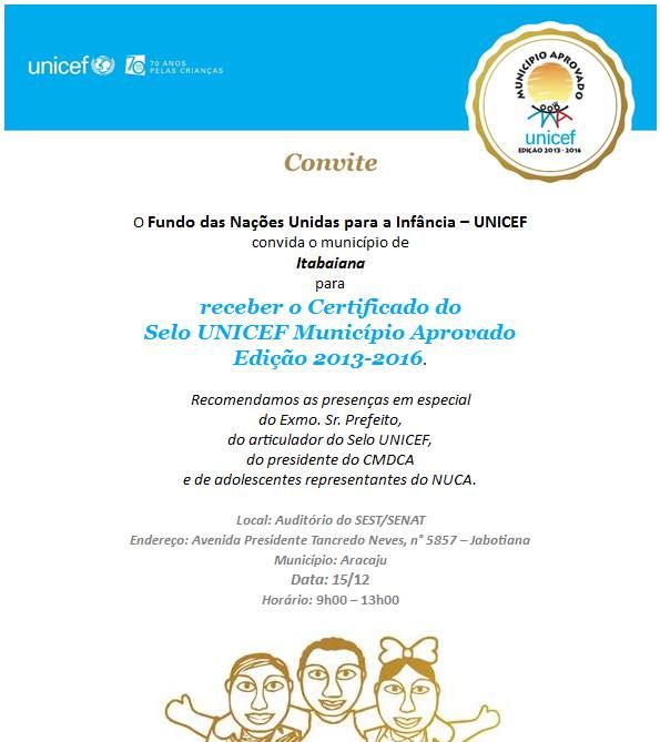 ITABAIANA CONQUISTA O SELO UNICEF MUNICÍPIO APROVADO