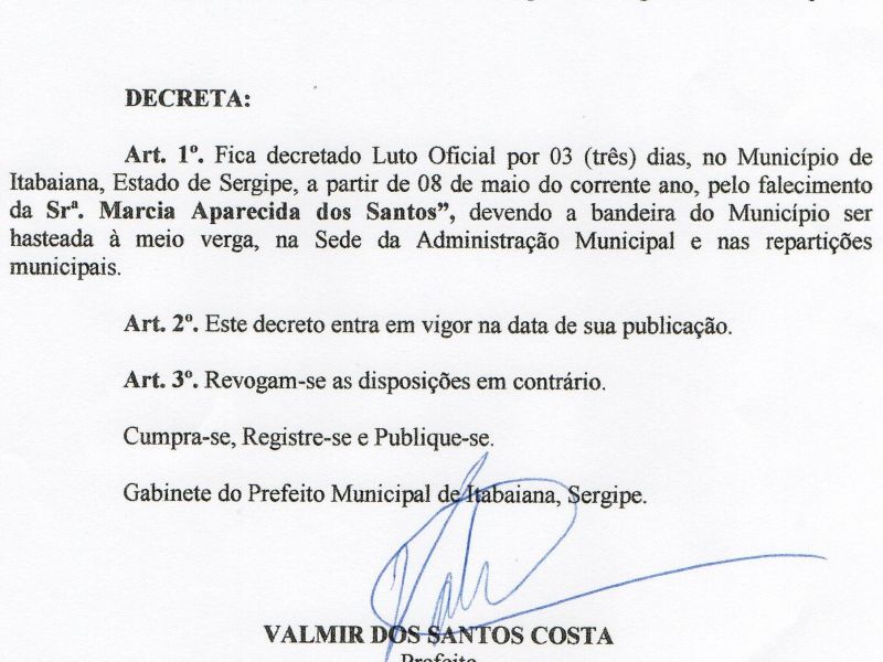 PREFEITO DECRETA LUTO OFICIAL POR TRÊS DIAS