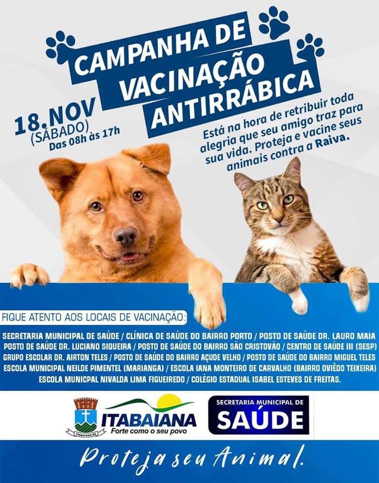 CAMPANHA DE VACINAÇÃO ANTIRRÁBICA ACONTECE NESTE SÁBADO, 18