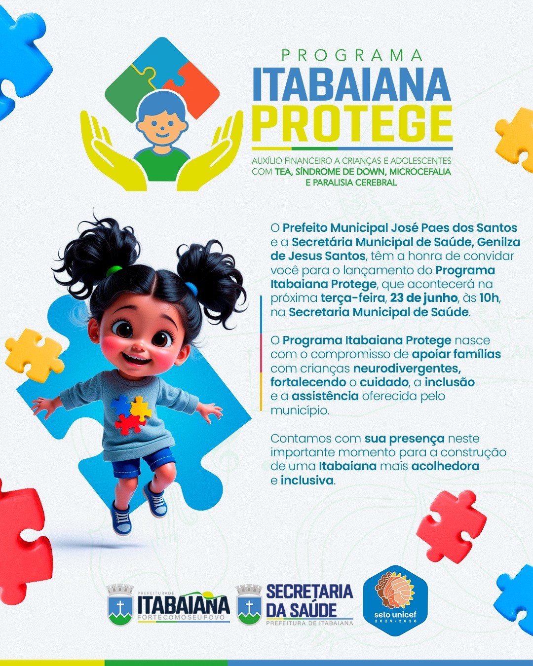 Prefeitura de Itabaiana lança nesta terça, 23, o “Itabaiana Protege”, programa que ofertará auxílio financeiro às famílias de crianças que necessitam de assistência especializada