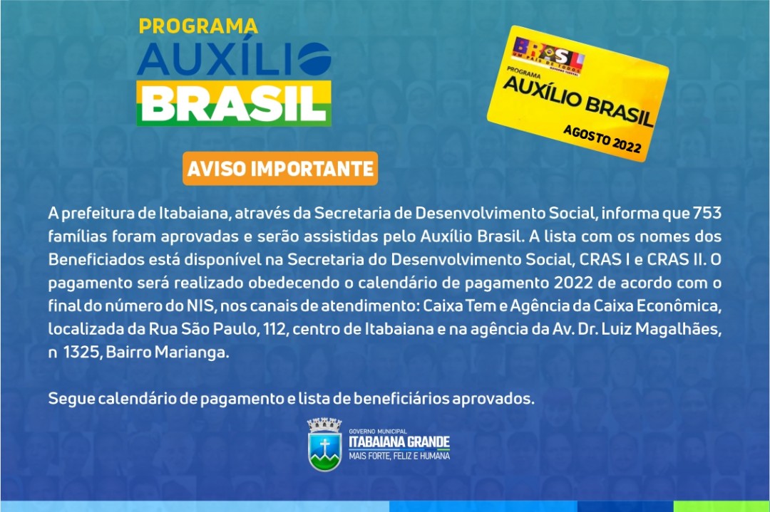 753 famílias foram aprovadas e serão assistidas pelo Auxílio Brasil