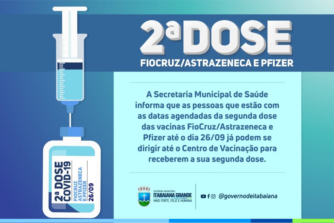 Secretaria de Saúde antecipa datas para a segunda dose da FioCruz/Astrazeneca e Pfizer