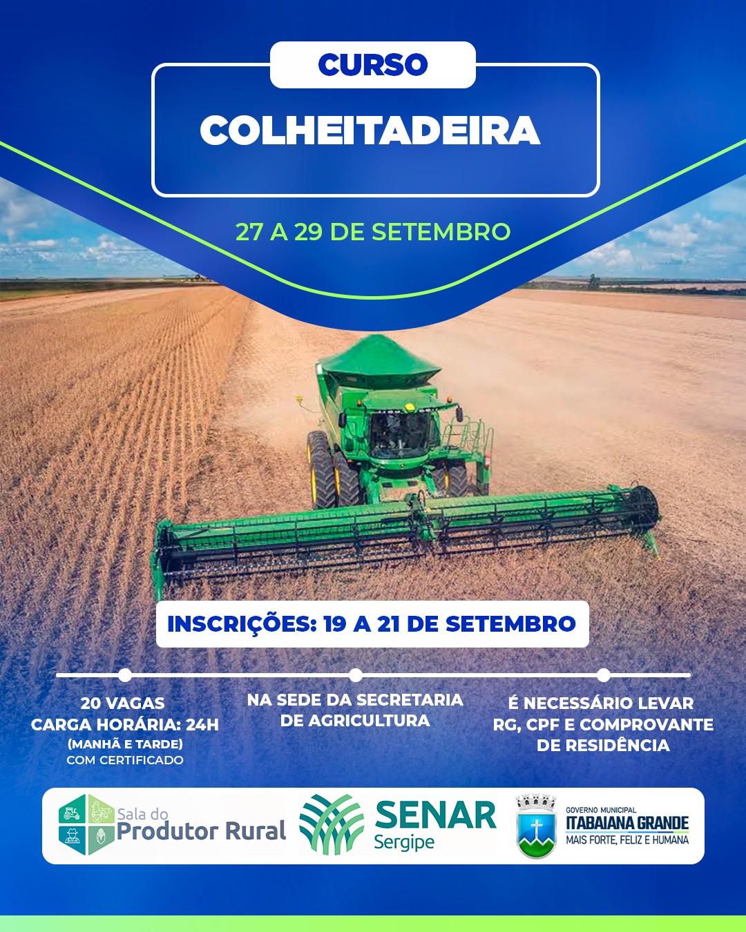 Secretaria de Agricultura lança curso de Colheitadeira; inscrições iniciam dia 19