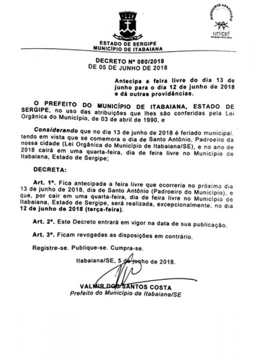 DECRETO DE ANTECIPAÇÃO DA FEIRA LIVRE