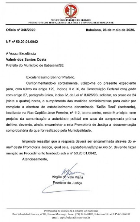 NOTA OFICIAL: PREFEITURA DE ITABAIANA ESCLARECE SOBRE FECHAMENTO DE SALÃO DE BARBEIROS E CABELEIREIROS
