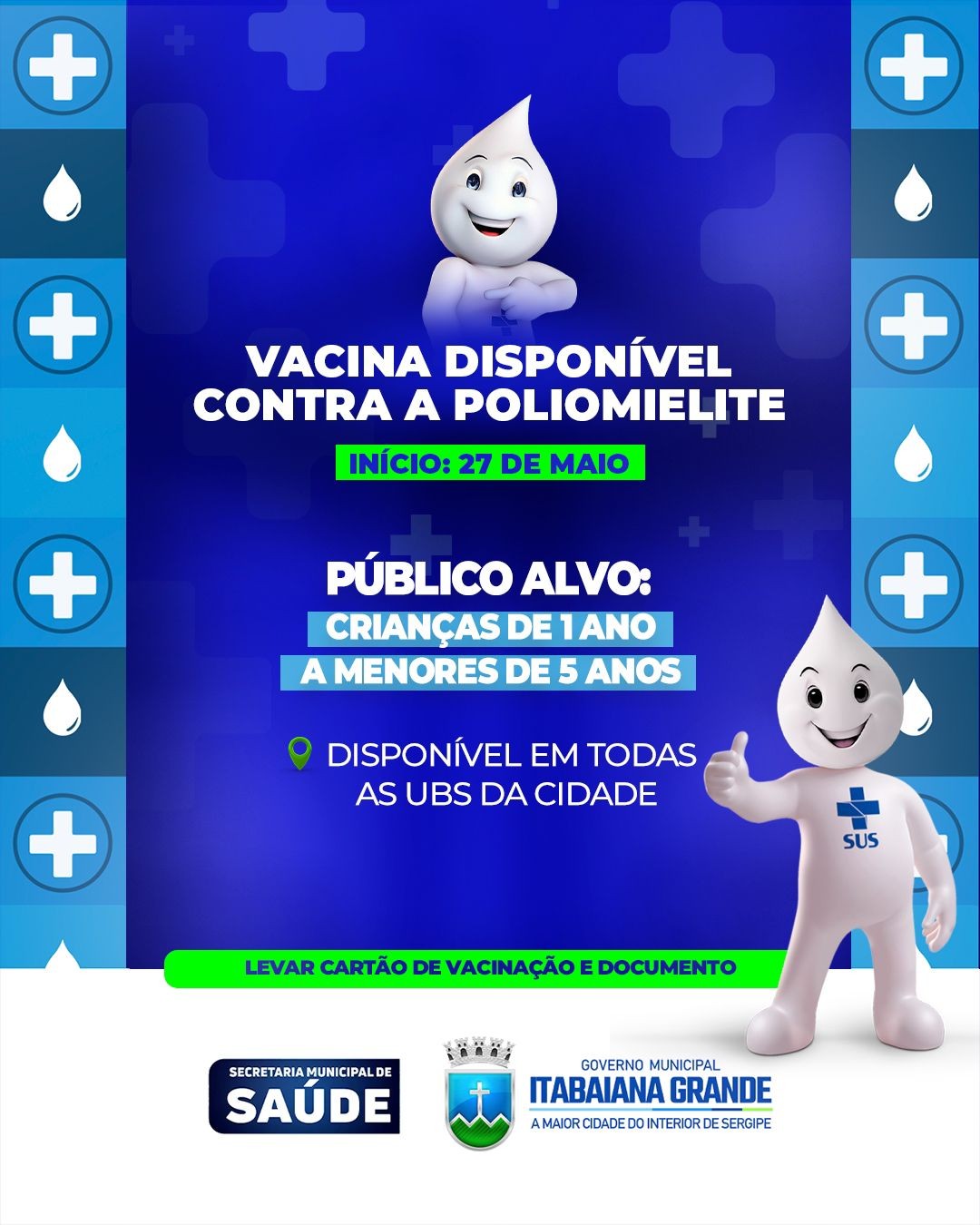 Vacina contra a Poliomielite já está disponível em todas as UBS do município