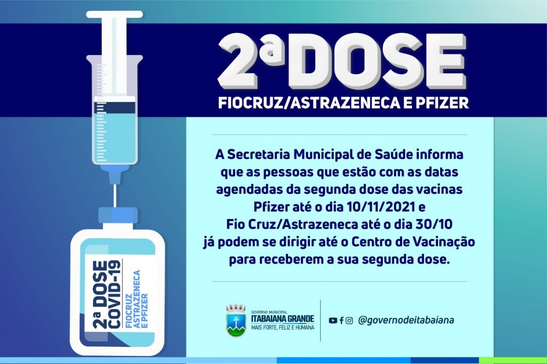 Secretaria municipal de Saúde antecipa datas para a segunda dose da FioCruz/Astrazeneca e Pfizer