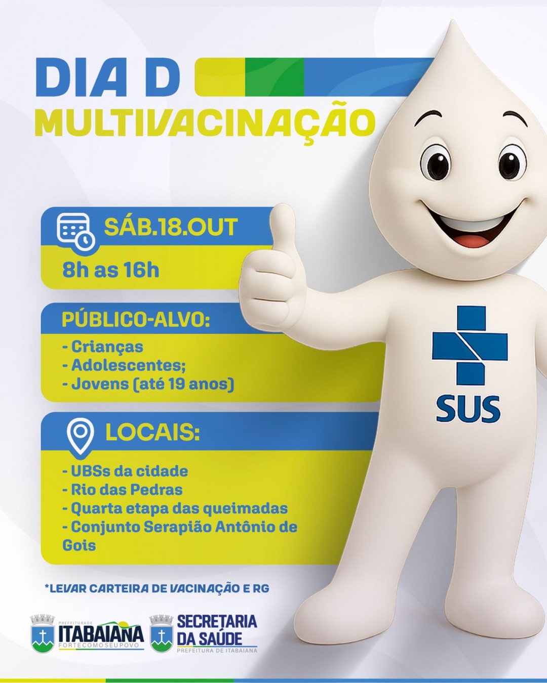 Dia D da campanha de Multivacinação acontecerá neste sábado, 18, em Itabaiana