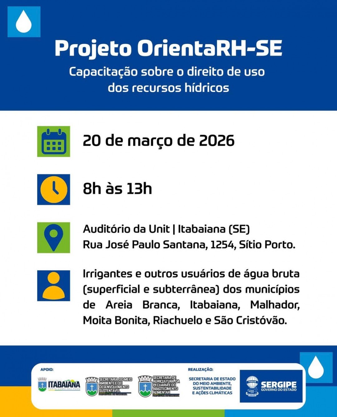 Itabaiana receberá capacitação sobre o direito de uso dos recursos hídricos, voltada a irrigantes e usuários de água bruta