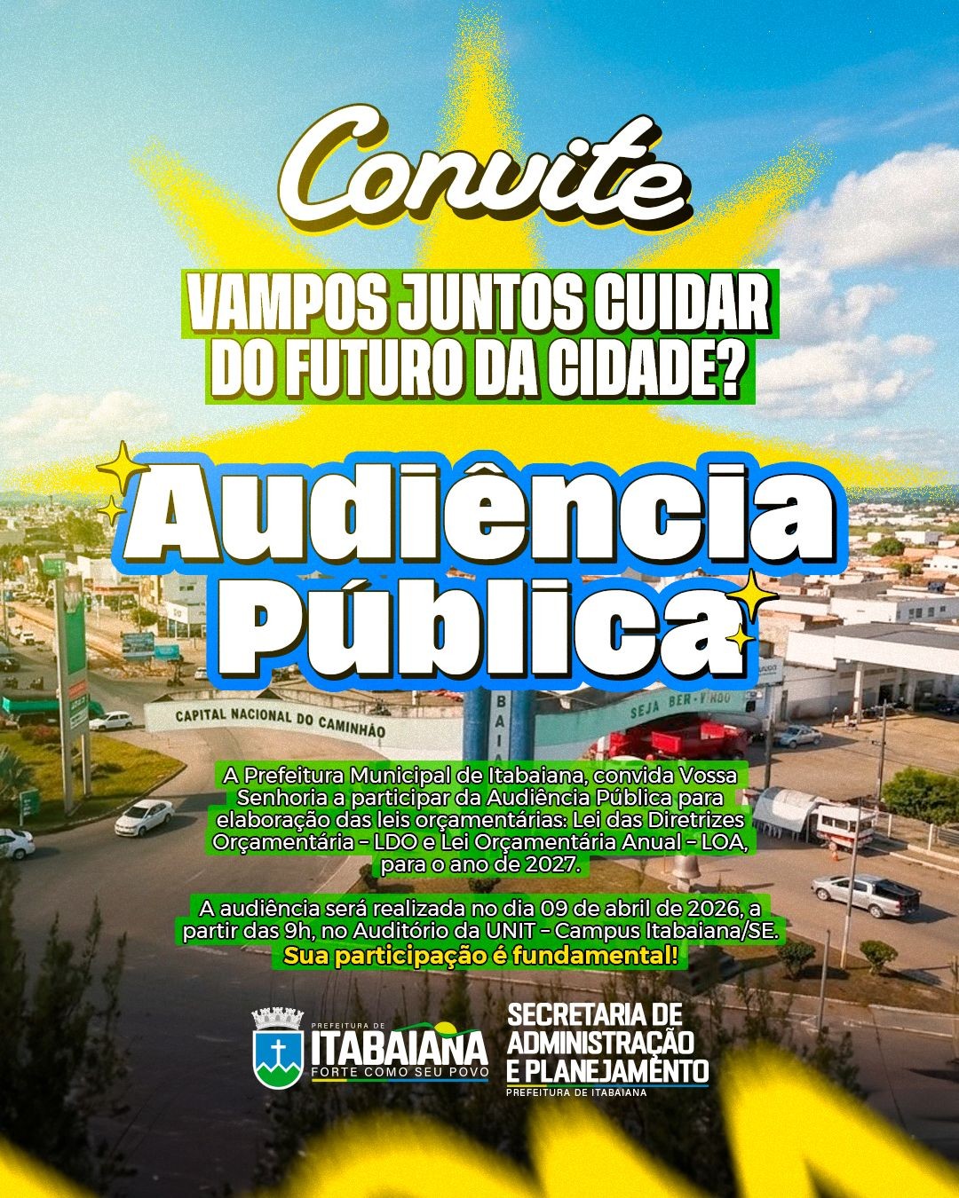 Prefeitura de Itabaiana promoverá audiência pública para discutir a LOA e LDO de 2027 no dia 09 de abril